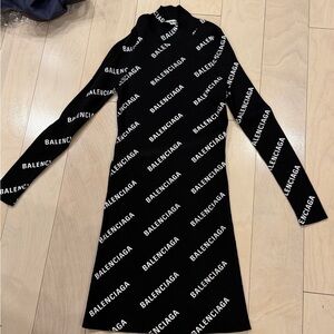 Balenciaga Black Logo Print Stretch Pencil Dress Sz M